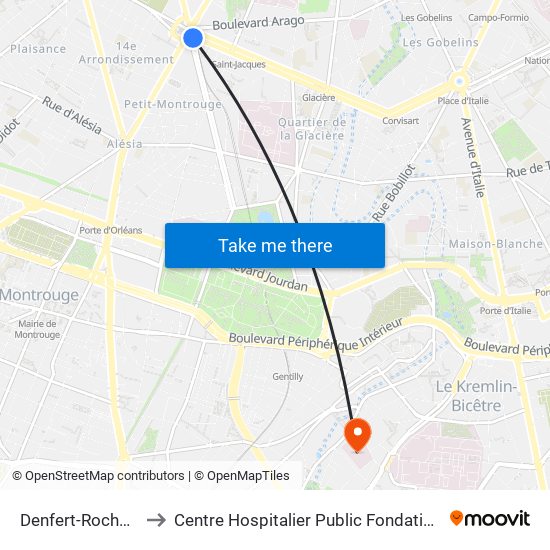 Denfert-Rochereau to Centre Hospitalier Public Fondation Vallée map