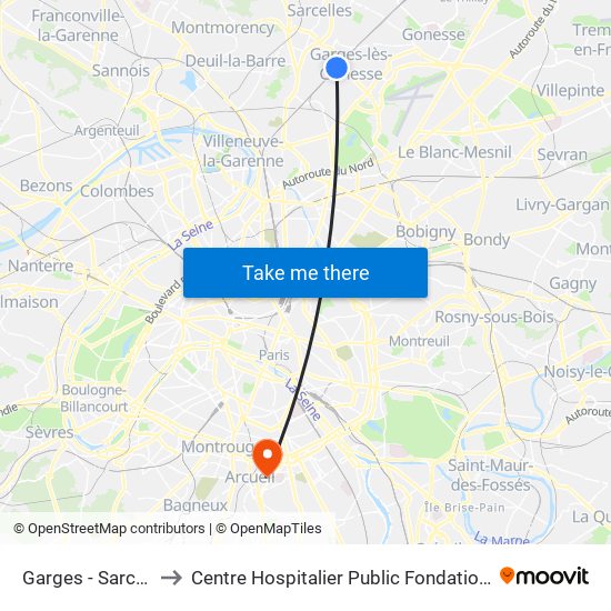 Garges - Sarcelles to Centre Hospitalier Public Fondation Vallée map