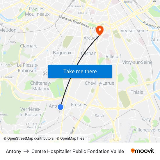 Antony to Centre Hospitalier Public Fondation Vallée map