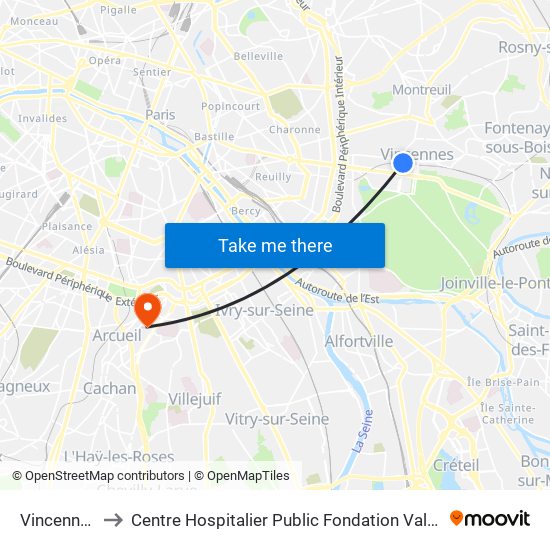 Vincennes to Centre Hospitalier Public Fondation Vallée map