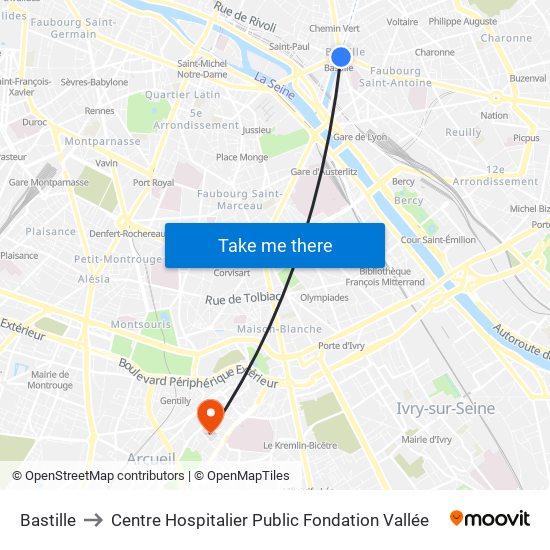 Bastille to Centre Hospitalier Public Fondation Vallée map