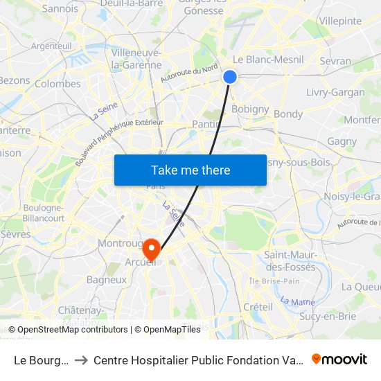 Le Bourget to Centre Hospitalier Public Fondation Vallée map