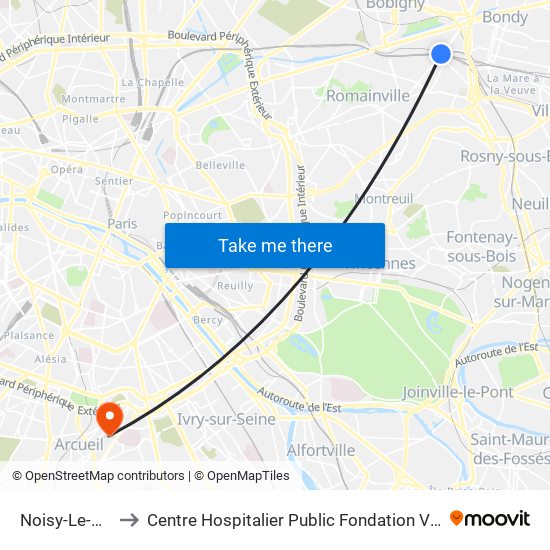 Noisy-Le-Sec to Centre Hospitalier Public Fondation Vallée map