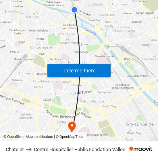 Châtelet to Centre Hospitalier Public Fondation Vallée map