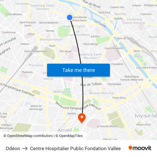 Odéon to Centre Hospitalier Public Fondation Vallée map