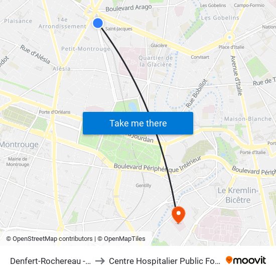Denfert-Rochereau - Métro-Rer to Centre Hospitalier Public Fondation Vallée map