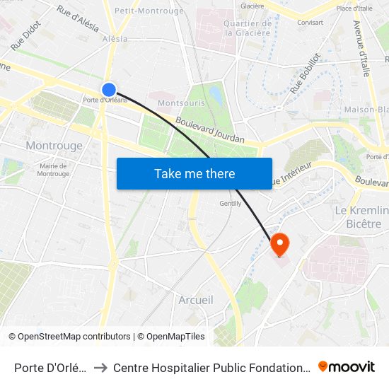 Porte D'Orléans to Centre Hospitalier Public Fondation Vallée map