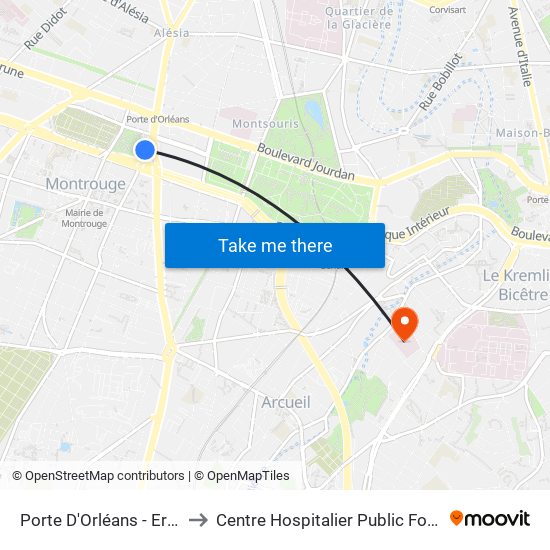 Porte D'Orléans - Ernest Reyer to Centre Hospitalier Public Fondation Vallée map