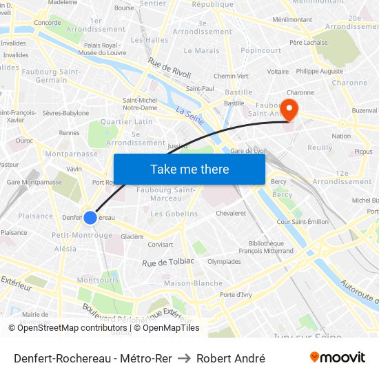 Denfert-Rochereau - Métro-Rer to Robert André map