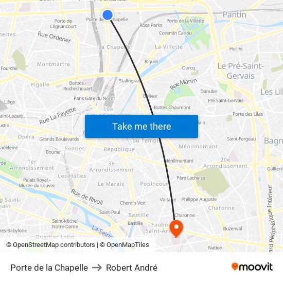 Porte de la Chapelle to Robert André map