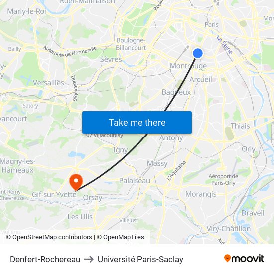 Denfert-Rochereau to Université Paris-Saclay map