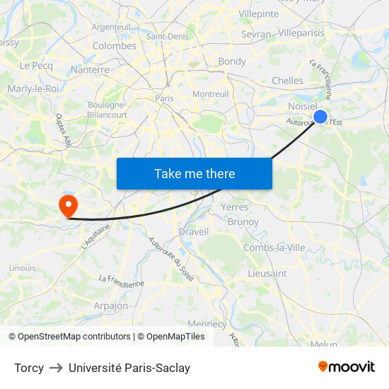 Torcy to Université Paris-Saclay map