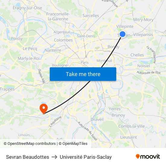 Sevran Beaudottes to Université Paris-Saclay map