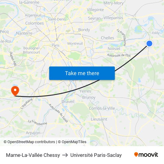 Marne-La-Vallée Chessy to Université Paris-Saclay map