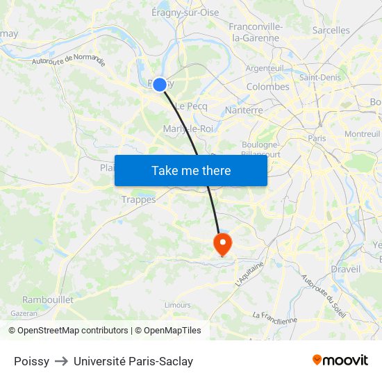 Poissy to Université Paris-Saclay map