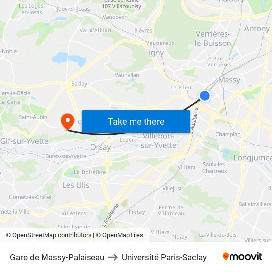 Gare de Massy-Palaiseau to Université Paris-Saclay map