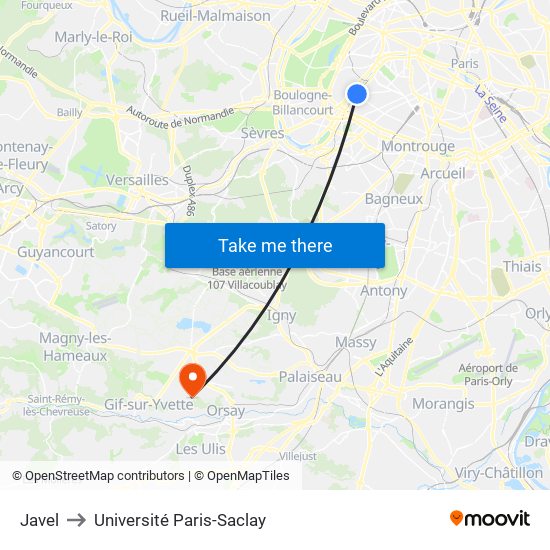 Javel to Université Paris-Saclay map