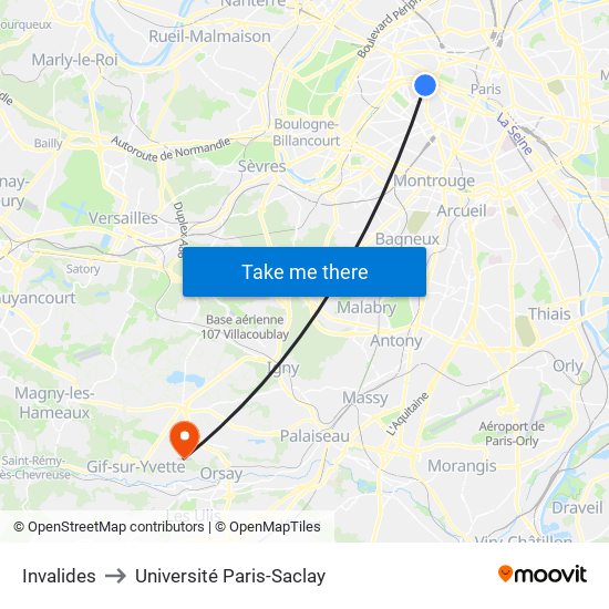 Invalides to Université Paris-Saclay map