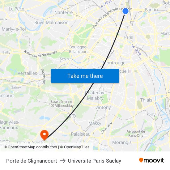 Porte de Clignancourt to Université Paris-Saclay map