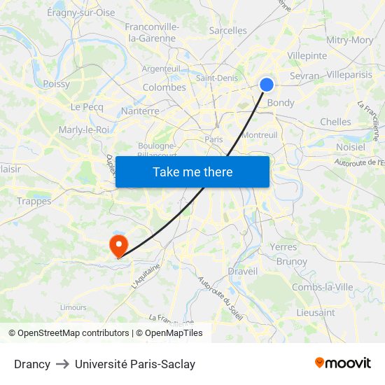 Drancy to Université Paris-Saclay map