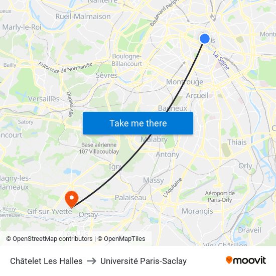 Châtelet Les Halles to Université Paris-Saclay map