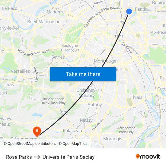 Rosa Parks to Université Paris-Saclay map