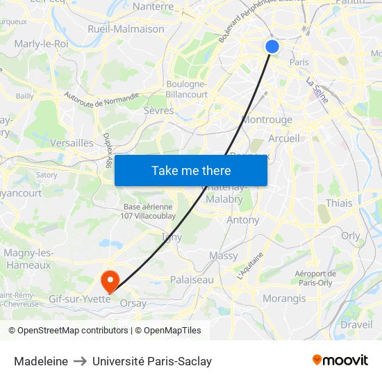 Madeleine to Université Paris-Saclay map