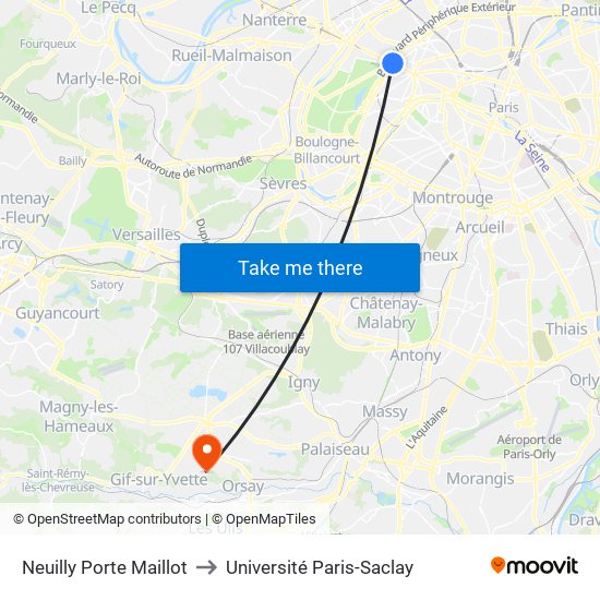Neuilly Porte Maillot to Université Paris-Saclay map