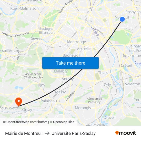 Mairie de Montreuil to Université Paris-Saclay map