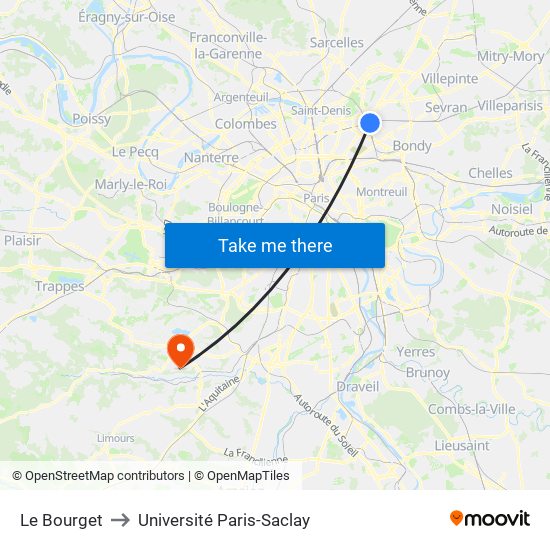Le Bourget to Université Paris-Saclay map