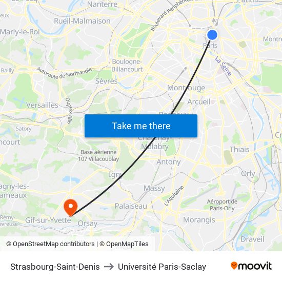 Strasbourg-Saint-Denis to Université Paris-Saclay map