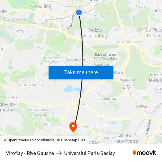 Viroflay - Rive Gauche to Université Paris-Saclay map
