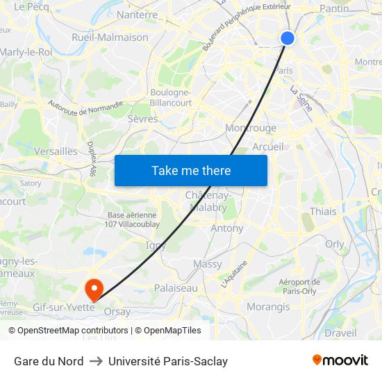 Gare du Nord to Université Paris-Saclay map