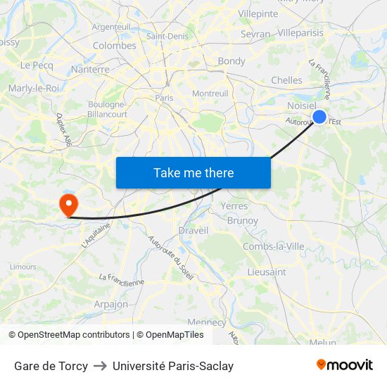 Gare de Torcy to Université Paris-Saclay map