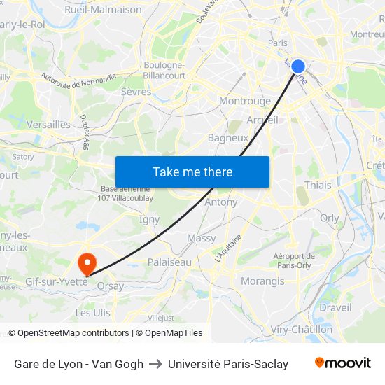 Gare de Lyon - Van Gogh to Université Paris-Saclay map