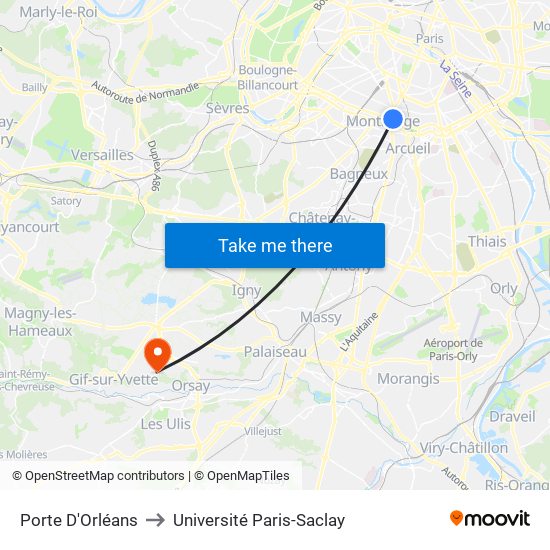 Porte D'Orléans to Université Paris-Saclay map