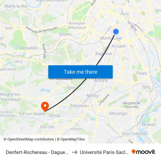 Denfert-Rochereau - Daguerre to Université Paris-Saclay map