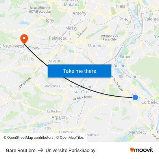 Gare Routière to Université Paris-Saclay map