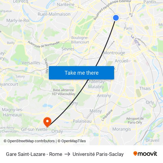 Gare Saint-Lazare - Rome to Université Paris-Saclay map