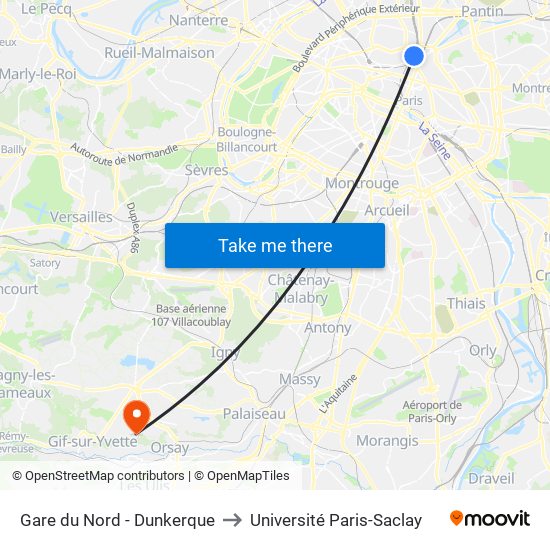 Gare du Nord - Dunkerque to Université Paris-Saclay map