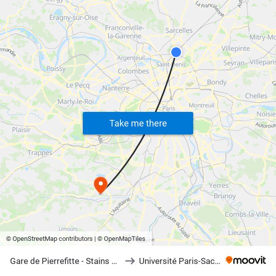 Gare de Pierrefitte - Stains RER to Université Paris-Saclay map