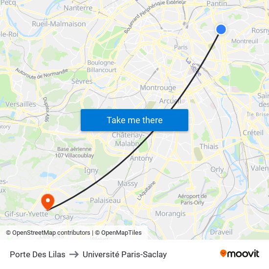 Porte Des Lilas to Université Paris-Saclay map