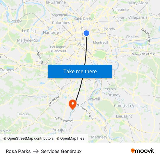 Rosa Parks to Services Généraux map