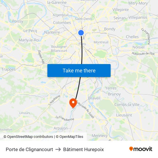 Porte de Clignancourt to Bâtiment Hurepoix map