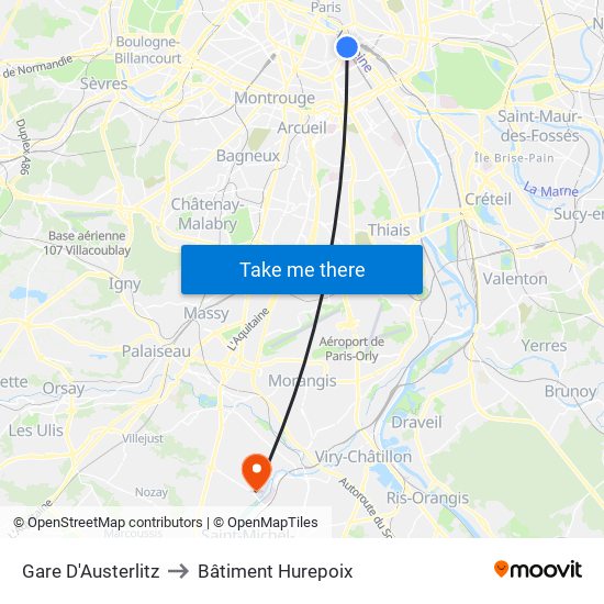 Gare D'Austerlitz to Bâtiment Hurepoix map