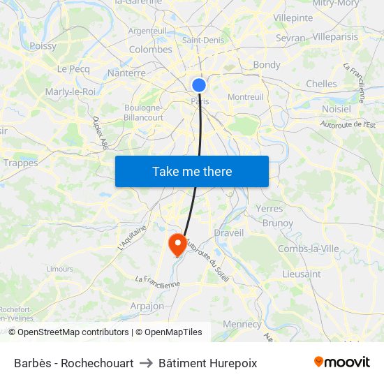 Barbès - Rochechouart to Bâtiment Hurepoix map