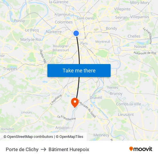 Porte de Clichy to Bâtiment Hurepoix map