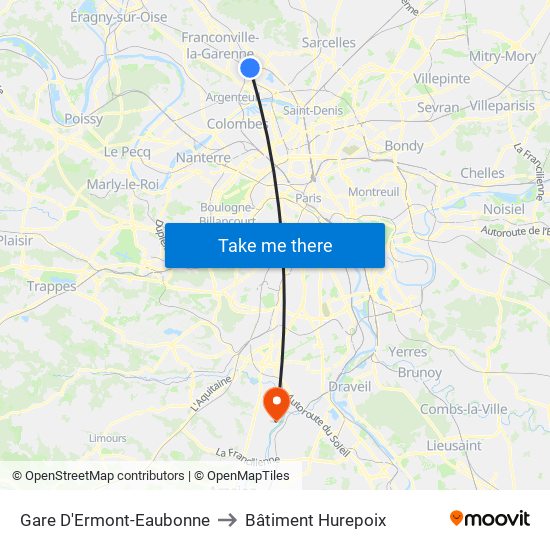 Gare D'Ermont-Eaubonne to Bâtiment Hurepoix map