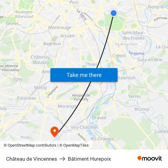 Château de Vincennes to Bâtiment Hurepoix map