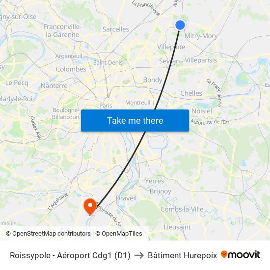 Roissypole - Aéroport Cdg1 (D1) to Bâtiment Hurepoix map